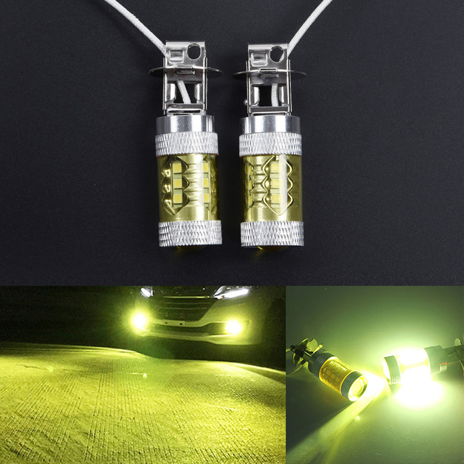 2pcs/Set DC 12-24V H3 80W 16 SMD LED Car Fog Light Bulb Yellow High Power Truck Universal LED Fog Lights