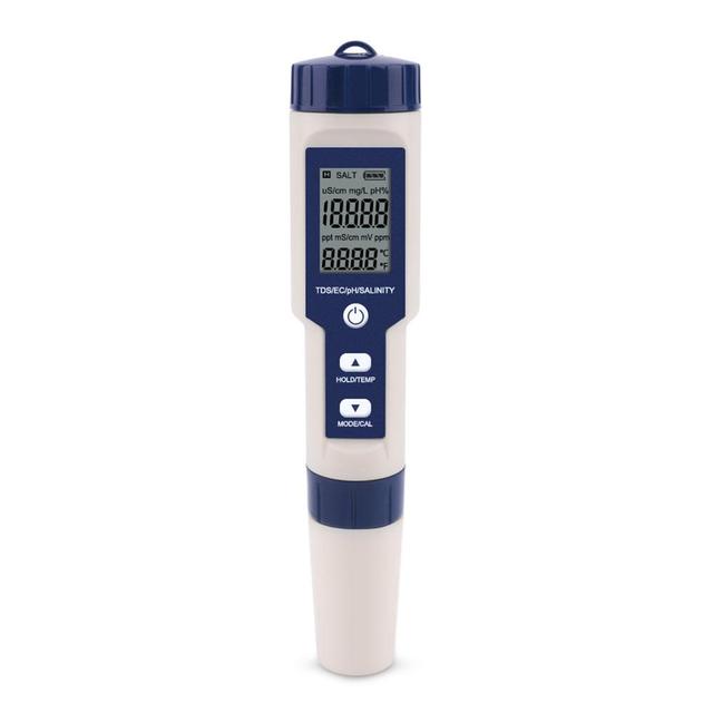 5 in 1 TDS/EC/PH/Salinity/Temperature Meter Digital Water Quality Monitor Tester for Pools, Drinking Water, Aquariums