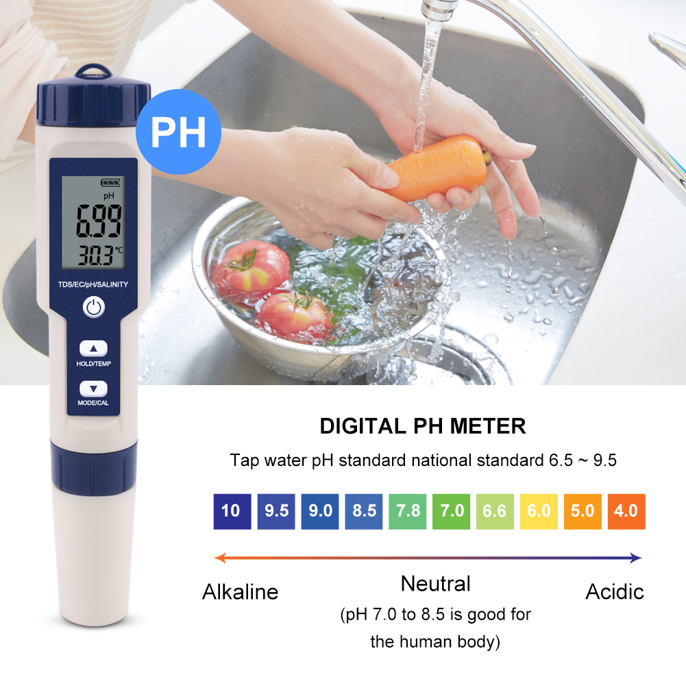 5 in 1 TDS/EC/PH/Salinity/Temperature Meter Digital Water Quality Monitor Tester for Pools, Drinking Water, Aquariums