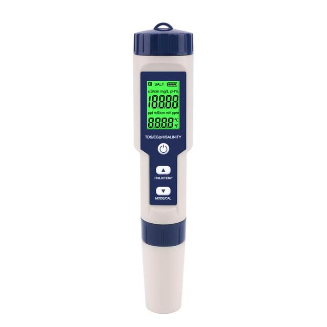 5 in 1 TDS/EC/PH/Salinity/Temperature Meter Digital Water Quality Monitor Tester for Pools, Drinking Water, Aquariums