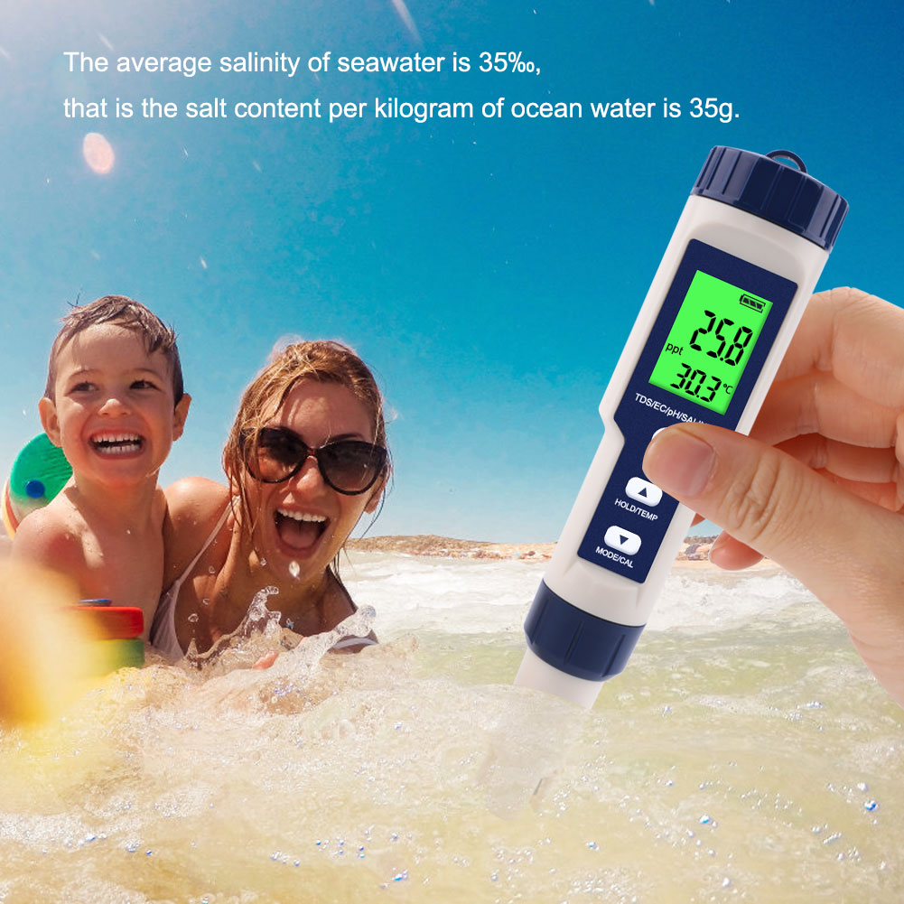 5 in 1 TDS/EC/PH/Salinity/Temperature Meter Digital Water Quality Monitor Tester for Pools, Drinking Water, Aquariums