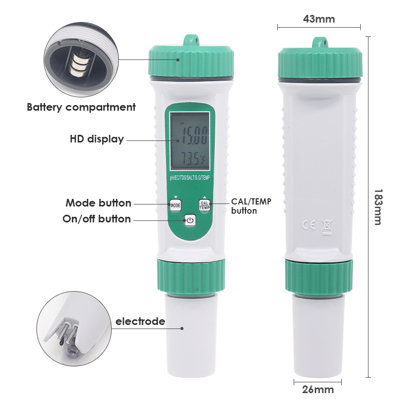 6 In 1 PH Meter EC TDS Salinity S.G Temp High Precision Water Quality Testing Acidity Meter for Drinking Laboratory Aquarium