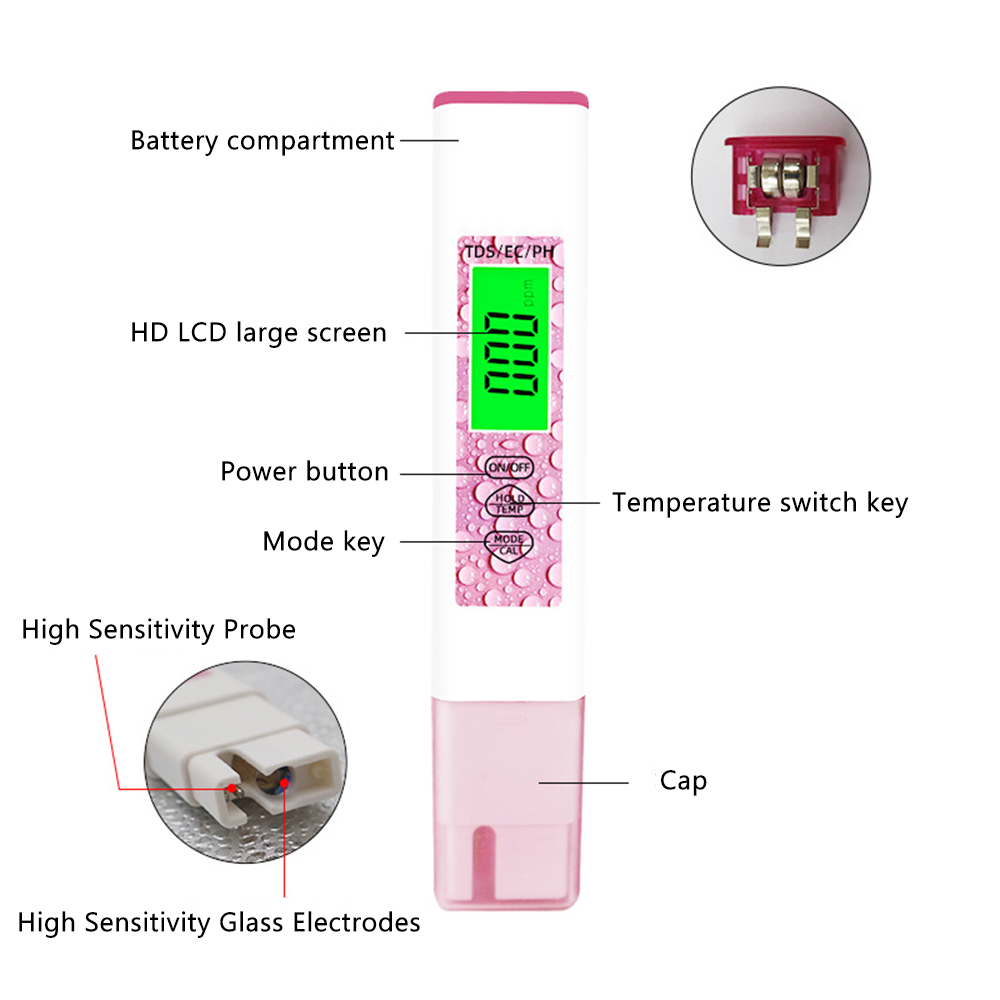 4 in 1 TDS/EC/PH/TEMP Tester Digital 0-14 Water PH Level Meter  LCD Water Testing Pen Purity Filter Water Quality Monitor Tool