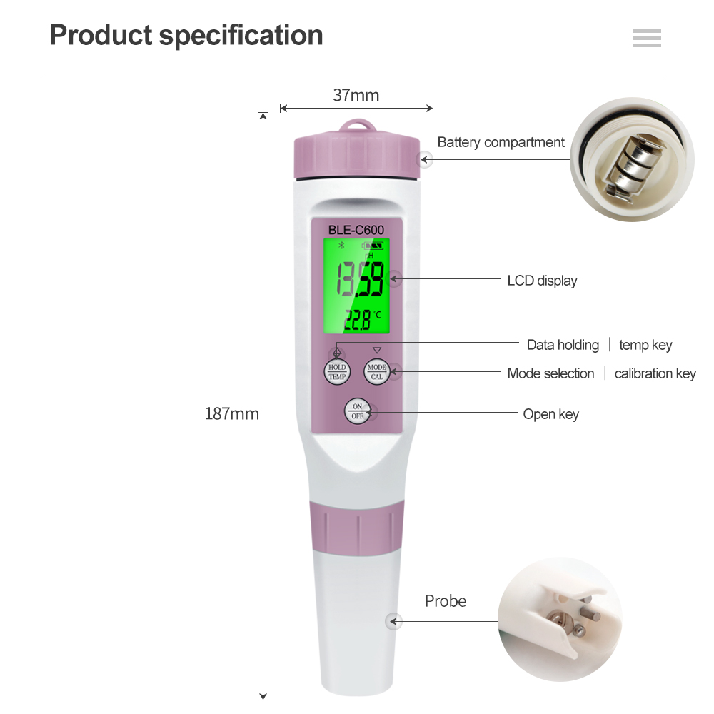 7 in 1 Temp ORP EC TDS Salinity S.G PH Meter Online Blue Tooth Water Quality Tester Mobile APP for Drinking Hydroponic Aquarium