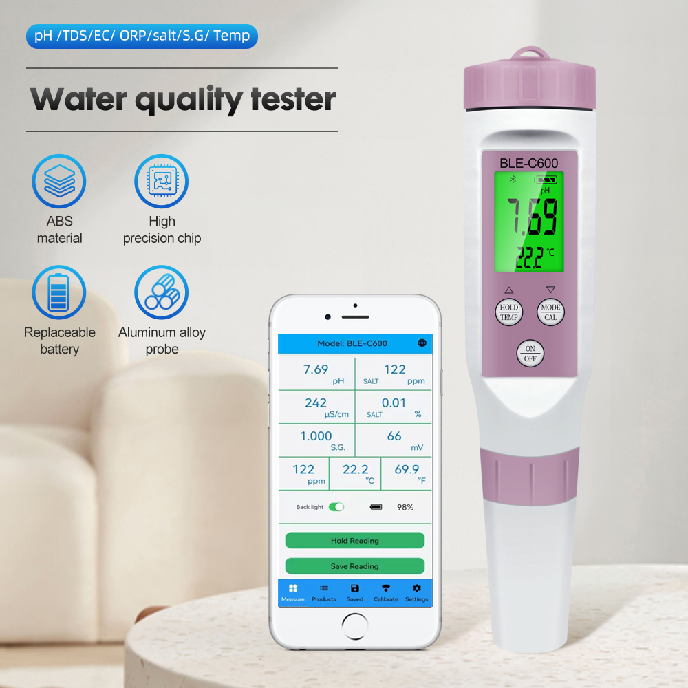 7 in 1 Temp ORP EC TDS Salinity S.G PH Meter Online Blue Tooth Water Quality Tester Mobile APP for Drinking Hydroponic Aquarium