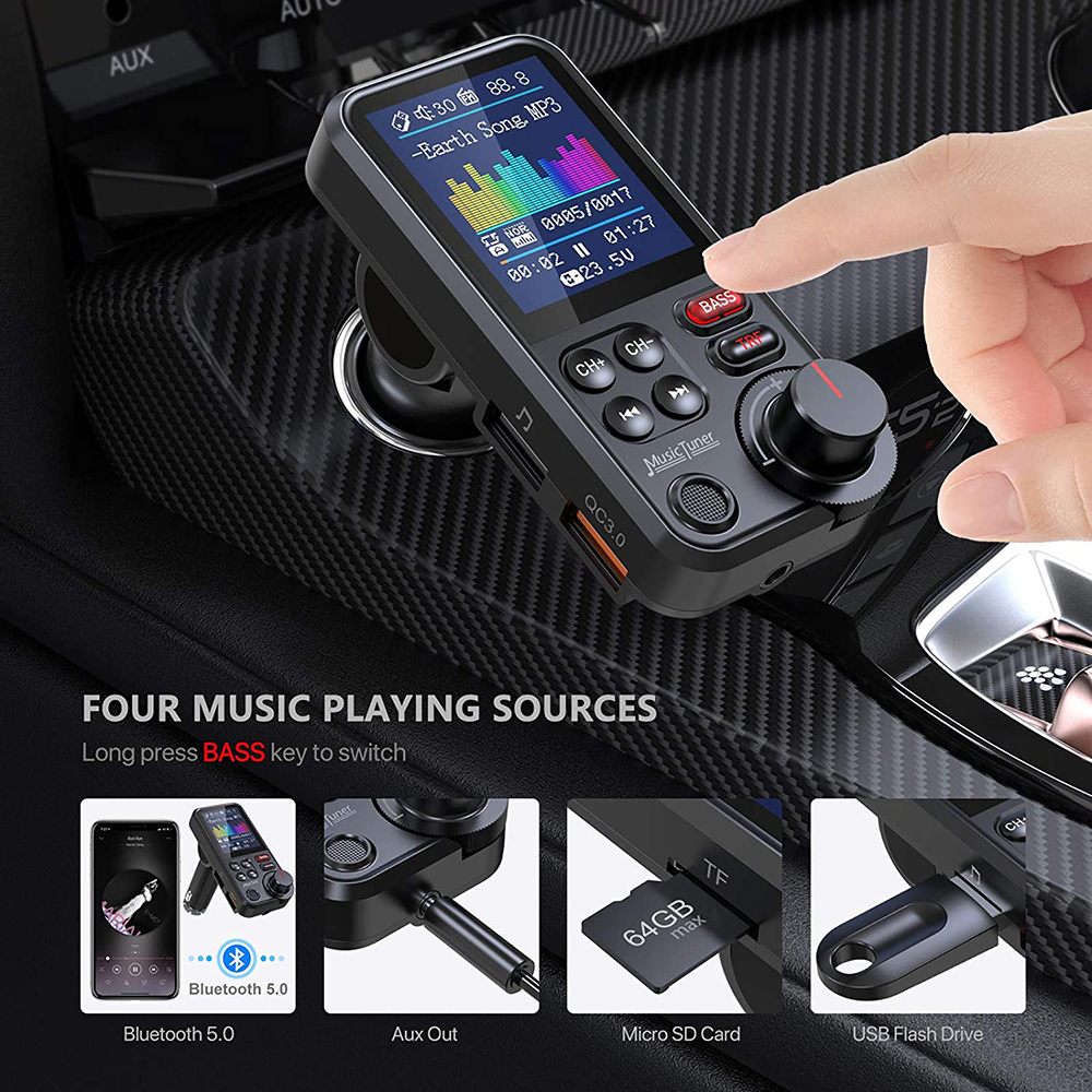 1.8"Wireless Car Bluetooth FM Transmitter Supports QC3.0 Charging Treble And Bass Sound Music Player Car Charger Quick