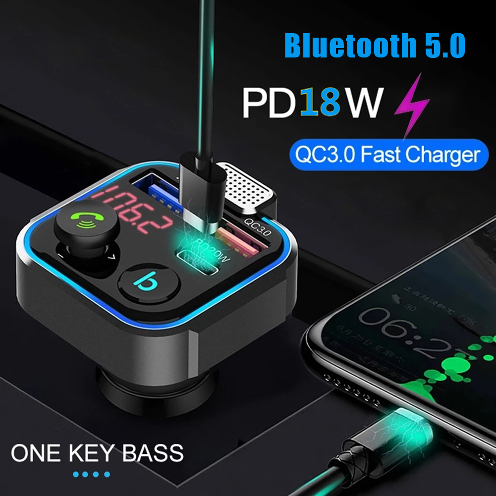 Car Bluetooth-compatible 5.0 FM Transmitter One Key Bass Mp3 Player Large Microphone USB Music Play QC3.0 PD20W Quick Charger