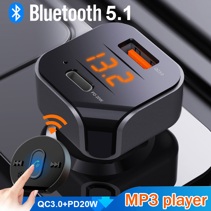 Bluetooth 5.1 FM Transmitter HandsFree W/Remote Control Wireless Car Kit FM Radio Modulator QC3.0&PD 20W Car Charger MP3 Player