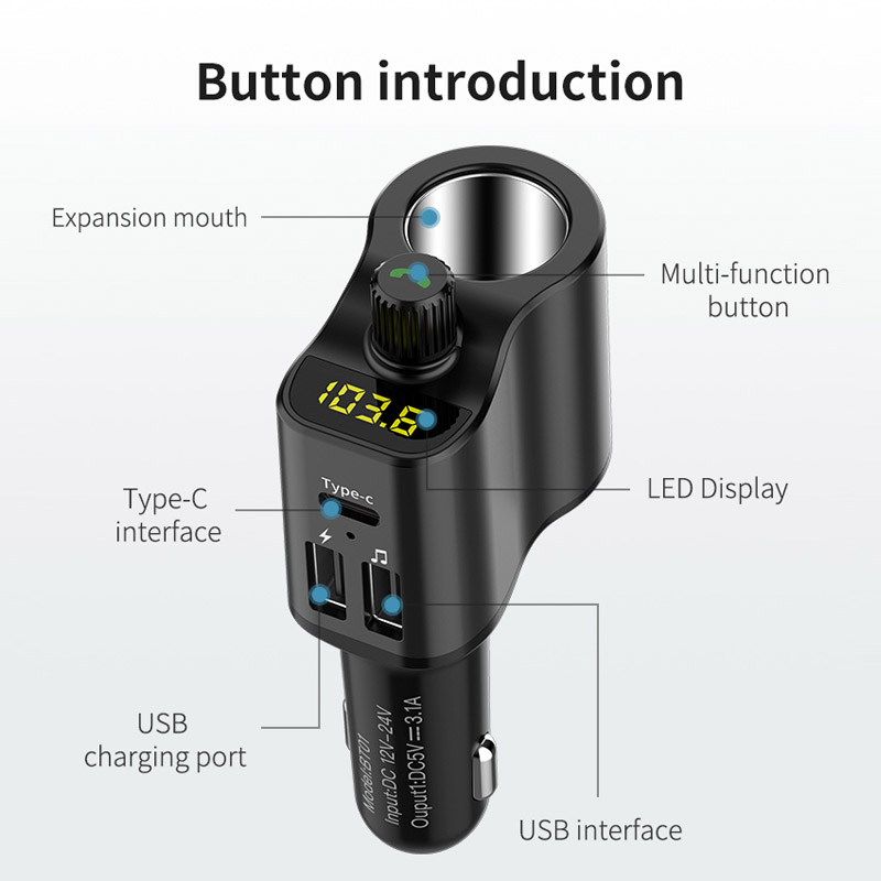 FM Transmitter Bluetooth 5.0 Car Kit Handsfree Car Music Player  3.1A Cigarette Lighter Socket Splitter Dual USB Car Charger