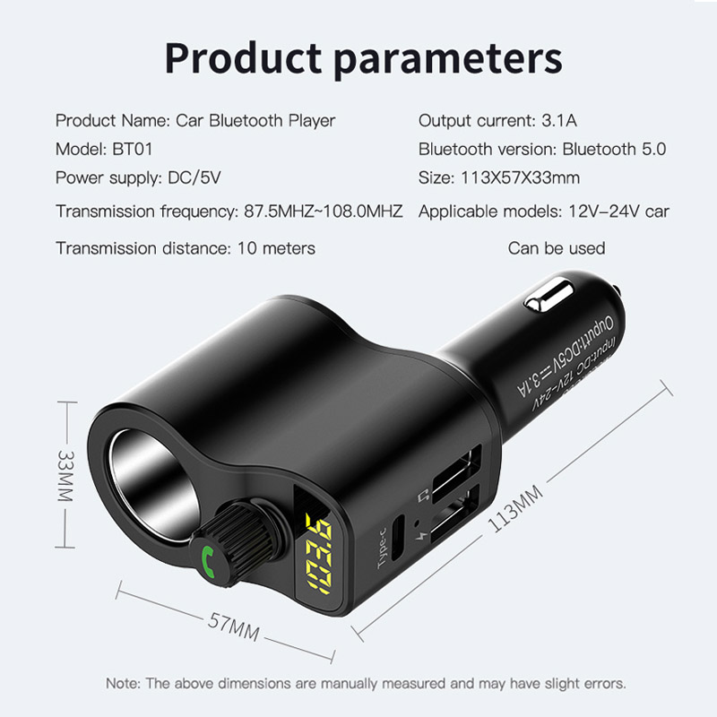 FM Transmitter Bluetooth 5.0 Car Kit Handsfree Car Music Player  3.1A Cigarette Lighter Socket Splitter Dual USB Car Charger