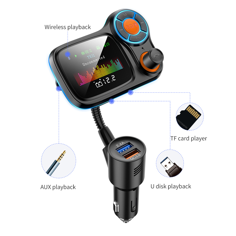 LCD Screen Folder Change Bluetooth Car Kit Handsfree FM Transmitter Radio Adapter TF AUX Music MP3 Player QC3.0 USB Fast Charger