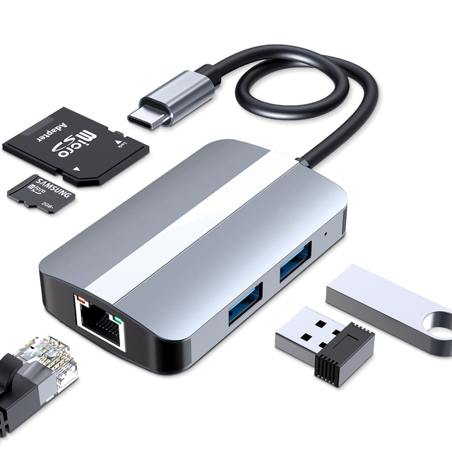 USB C Hub Adapter 5 In 1 Usb3.0 Hub Type-C to RJ45 Network Card Splitter with 100MB/S Port TF SD Card Reader for MacBook Air Pro