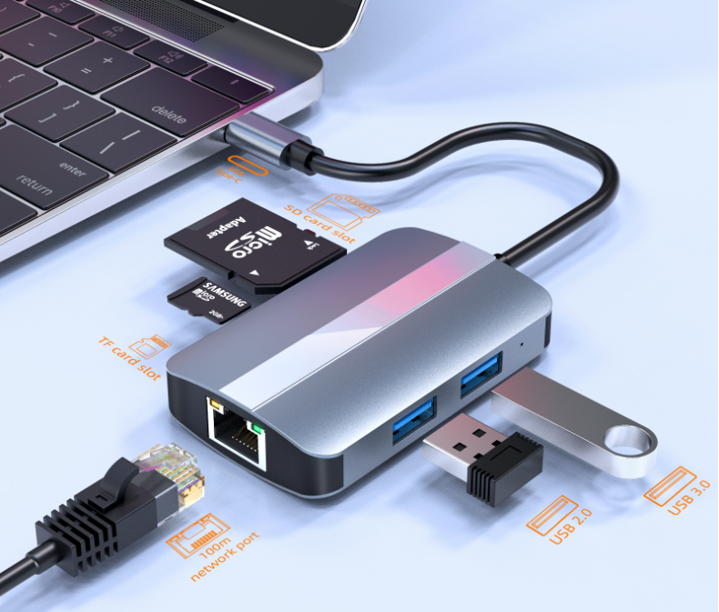 USB C Hub Adapter 5 In 1 Usb3.0 Hub Type-C to RJ45 Network Card Splitter with 100MB/S Port TF SD Card Reader for MacBook Air Pro
