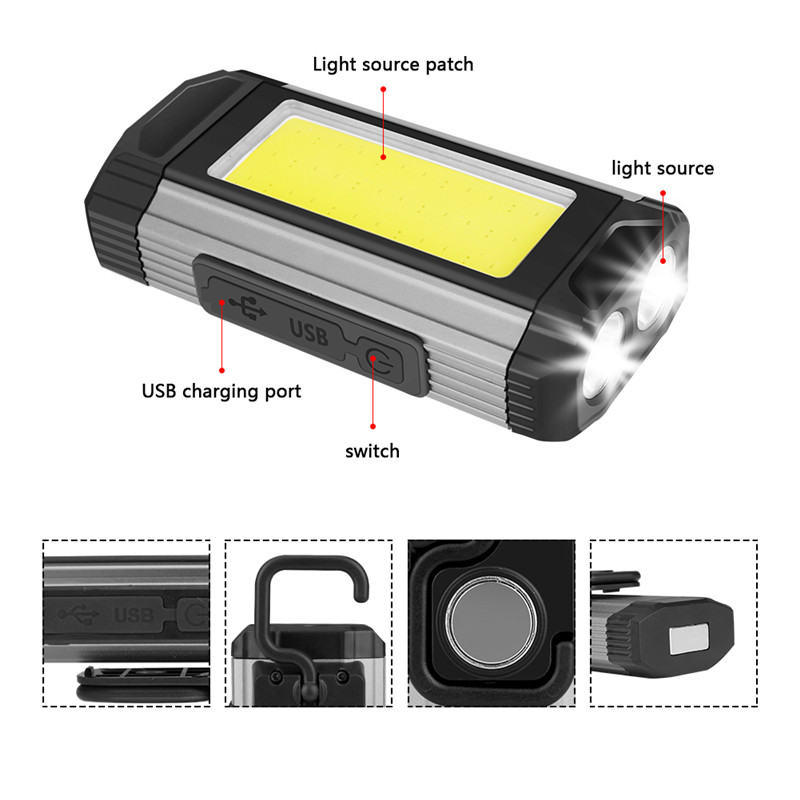 Magnetic COB Work Light USB Rechargeable LED Flashlight Portable Lantern Camping Light Type C Cable Power Bank Function Lamp