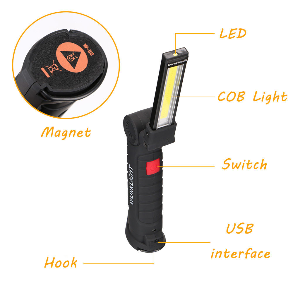 COB LED Flashlight Portable USB Rechargeable 5 Mode Car Working Light Magnetic Torch Hanging Hook Lamp For Repairing Camping