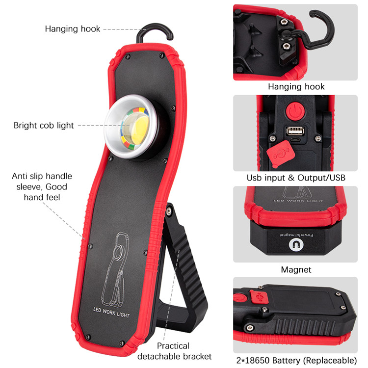 New Portable Flashlight Torch USB Rechargeable LED Work Light Magnetic COB Lantern Hanging Outdoor Camping Hook Lamp Power Light