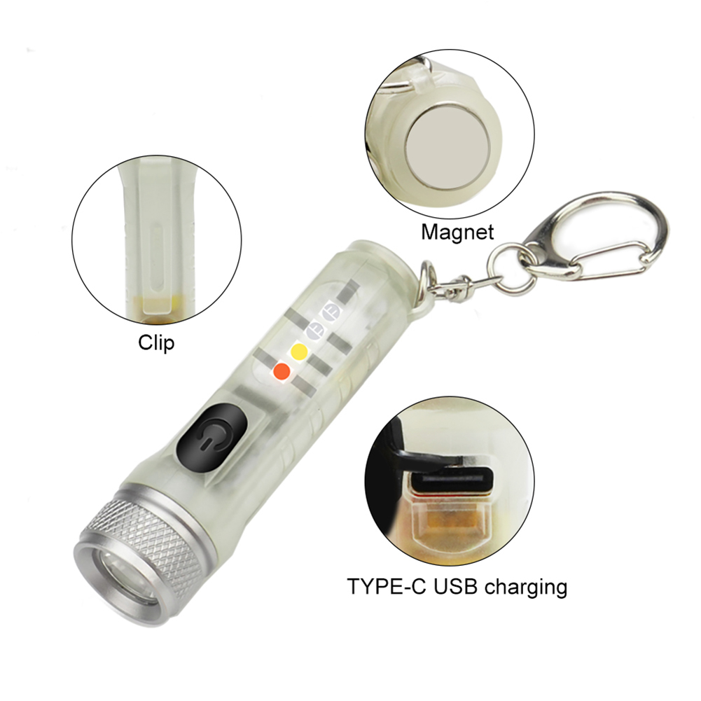1pcs Mini Keychain Torch USB Rechargeable LED Light Waterproof Flashlight with Buckle Outdoor Emergency Lighting Tool