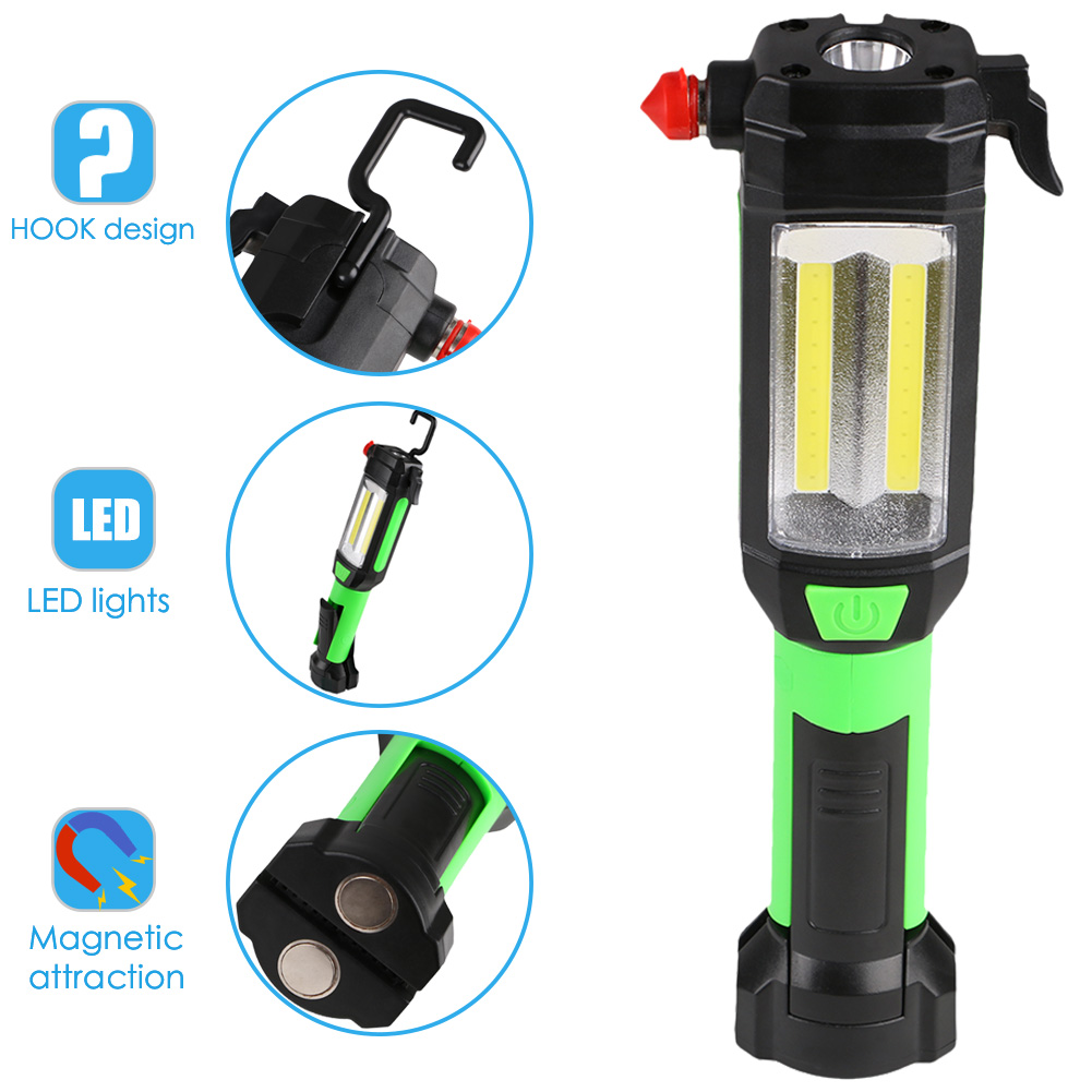 2 Mode LED Flashlight Car Emergency Tool Hammer USB Rechargeable COB Magnetic Work Light Lamp Torch Portable Lantern for Outdoor