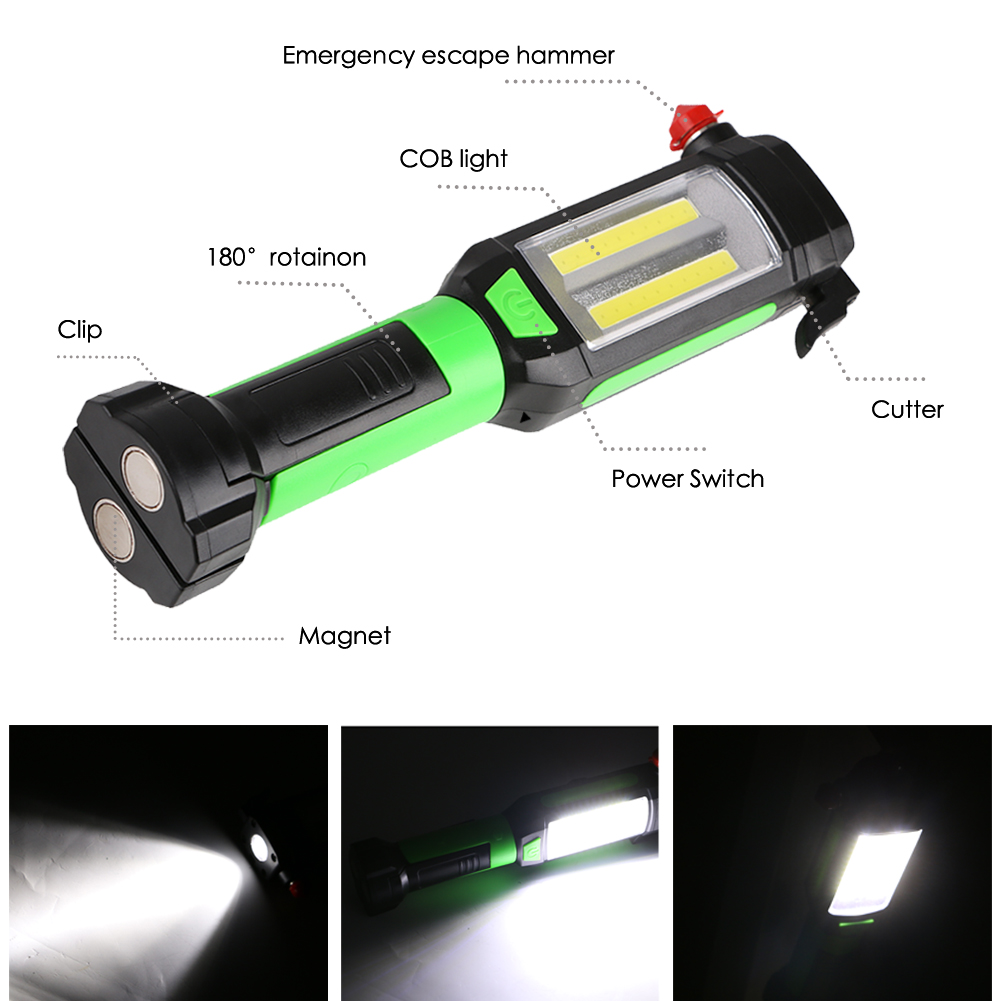 2 Mode LED Flashlight Car Emergency Tool Hammer USB Rechargeable COB Magnetic Work Light Lamp Torch Portable Lantern for Outdoor