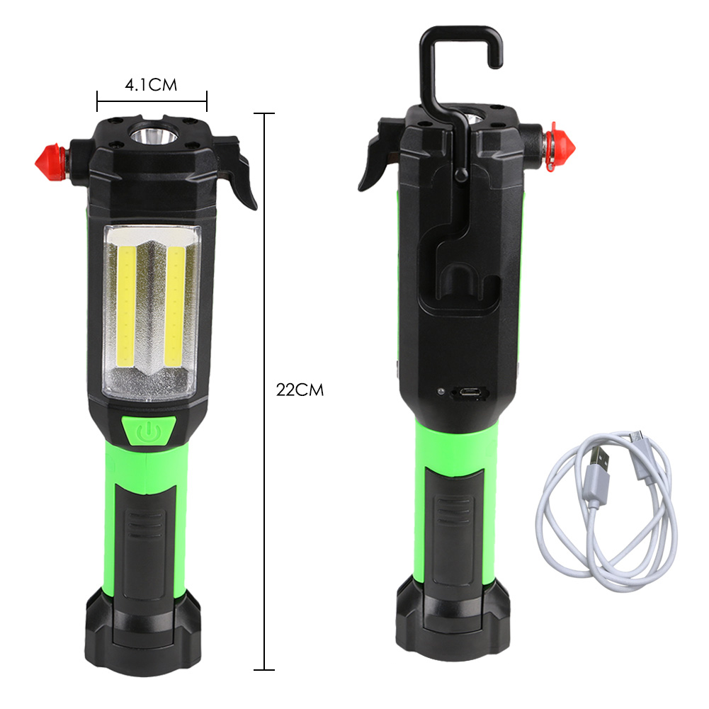 2 Mode LED Flashlight Car Emergency Tool Hammer USB Rechargeable COB Magnetic Work Light Lamp Torch Portable Lantern for Outdoor