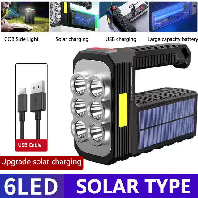 1pcs Dual Light Source LED Flashlight Camping Work Light USB/Solar Charging Flashlights Searchlight Spotlight Waterproof Torch