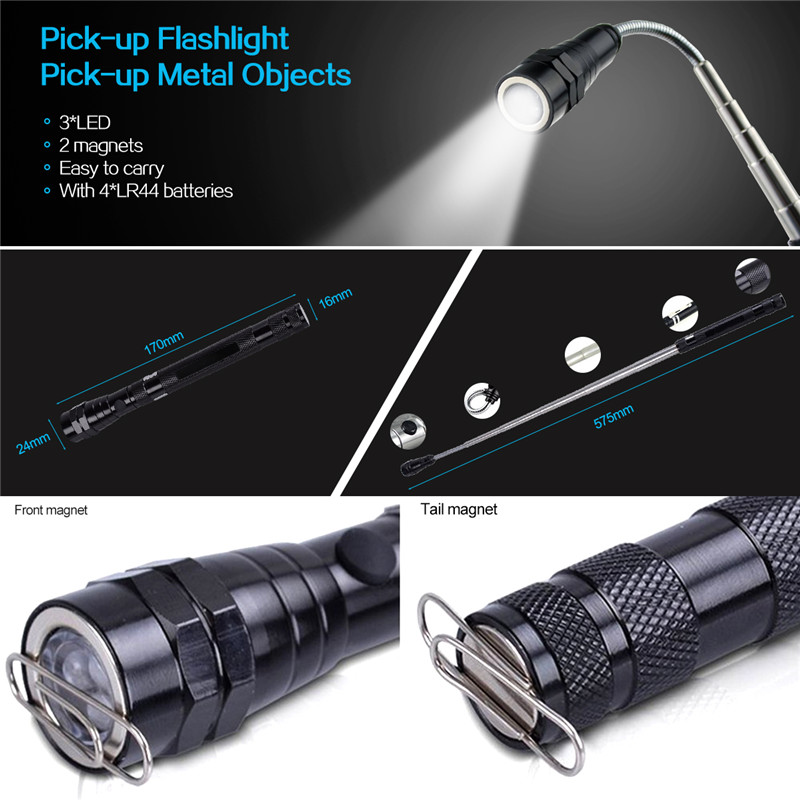 1pcs LED Flashlights Flexible Head Work Light Magnetic Tail Flashlight 3 LED Torch Lamp Pick Up Tool Lamp Light