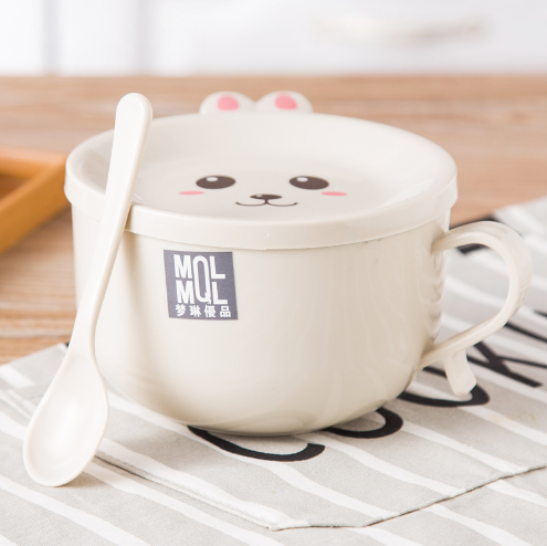 1pc Stainless Steel Double-layer Ramen Noodles Bowl Anti-scalding Instant Noodle Bowl Cute Bunny with Lid And Spoon Tableware
