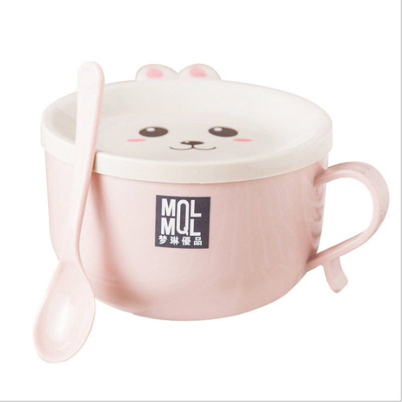 1pc Stainless Steel Double-layer Ramen Noodles Bowl Anti-scalding Instant Noodle Bowl Cute Bunny with Lid And Spoon Tableware