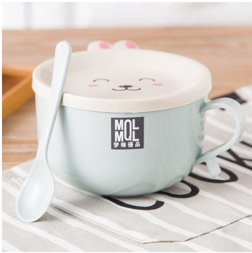 1pc Stainless Steel Double-layer Ramen Noodles Bowl Anti-scalding Instant Noodle Bowl Cute Bunny with Lid And Spoon Tableware