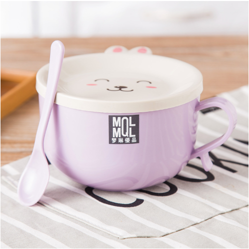 1pc Stainless Steel Double-layer Ramen Noodles Bowl Anti-scalding Instant Noodle Bowl Cute Bunny with Lid And Spoon Tableware