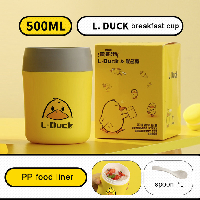 Small Yellow Duck Insulated Lunch Box Breakfast Cup with Lid and Spoon Stainless Steel Portable Soup Cup