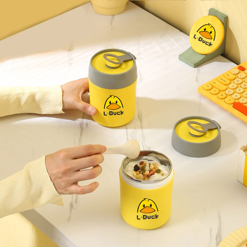 Small Yellow Duck Insulated Lunch Box Breakfast Cup with Lid and Spoon Stainless Steel Portable Soup Cup