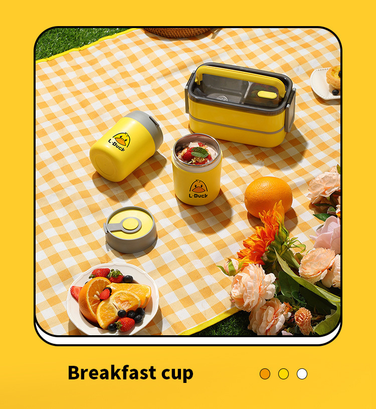 Small Yellow Duck Insulated Lunch Box Breakfast Cup with Lid and Spoon Stainless Steel Portable Soup Cup