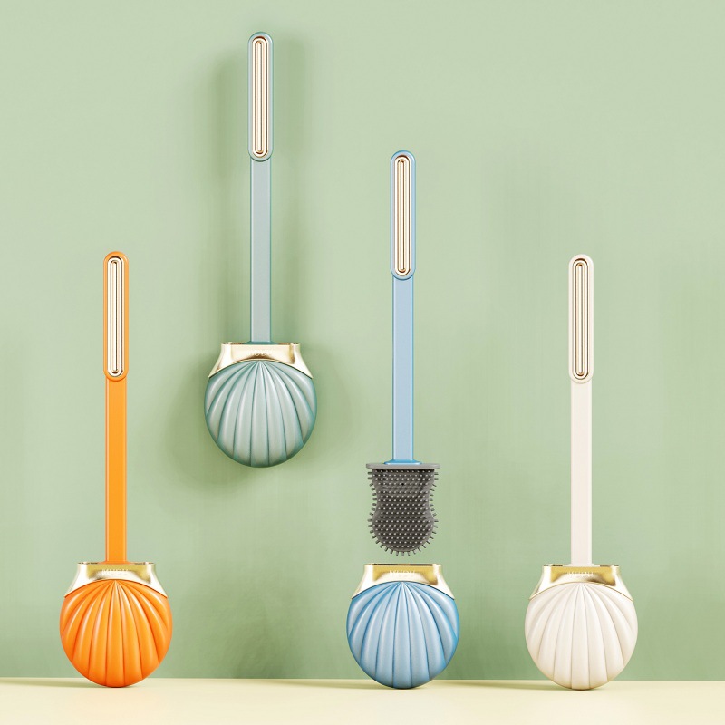 Long Handle Silicone Flat Toilet  Brush with Shell Shape Holder Dead Corner Cleaning Punchless Bathroom Accesories Sets Tools