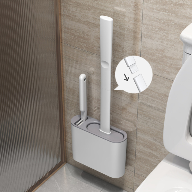 Flat Toilet Brush With Holder Set Long Handled TPR Silicone Cleaner Brushes White Grey Wall Mounted Wc Bathroom Accessories