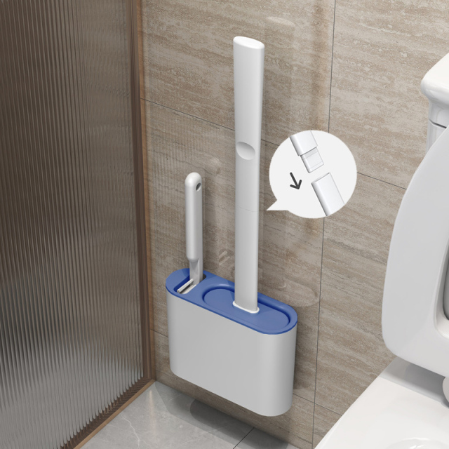 Flat Toilet Brush With Holder Set Long Handled TPR Silicone Cleaner Brushes White Grey Wall Mounted Wc Bathroom Accessories