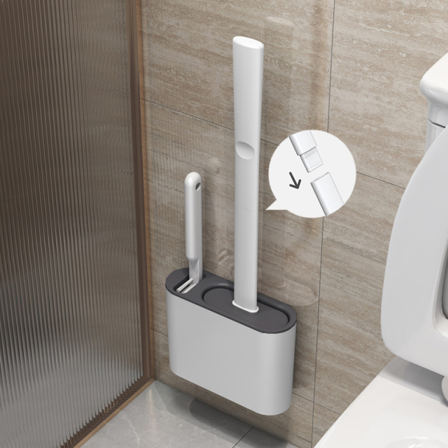 Flat Toilet Brush With Holder Set Long Handled TPR Silicone Cleaner Brushes White Grey Wall Mounted Wc Bathroom Accessories