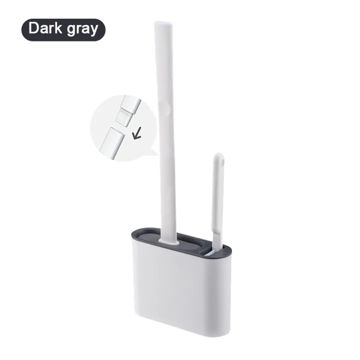 Flat Toilet Brush With Holder Set Long Handled TPR Silicone Cleaner Brushes White Grey Wall Mounted Wc Bathroom Accessories