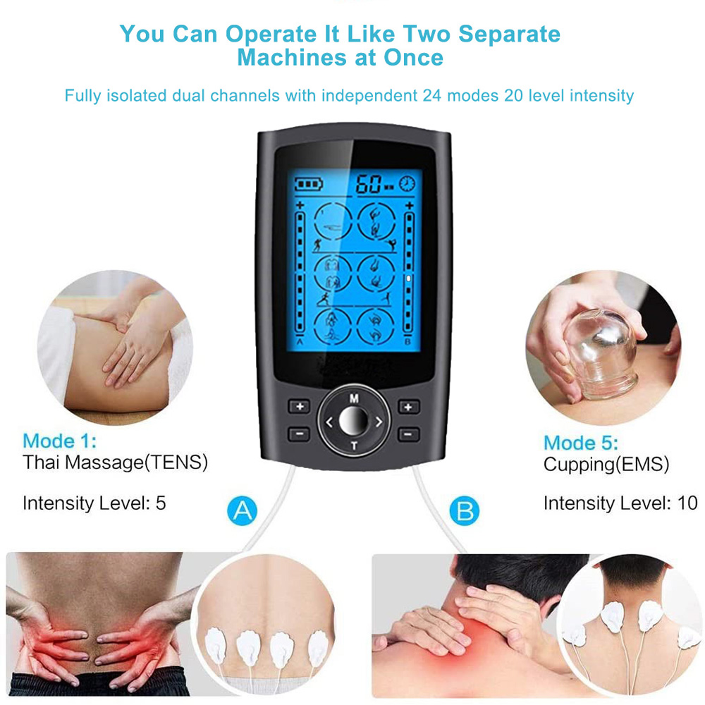 24 Modes EMS Electric Muscle Therapy Stimulator 2 Output Channel Tens Unit Machine Physiotherapy Pulse Body Massager