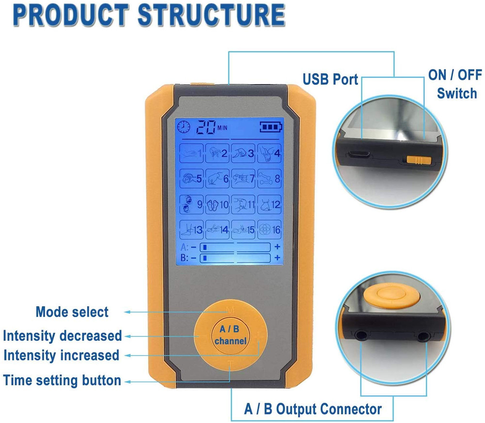 16 Modes Electric Pulse TENS Unit Low Frequency Physiotherapy Device Full Body Massager with 4 Electrode Pads for Pain Relief
