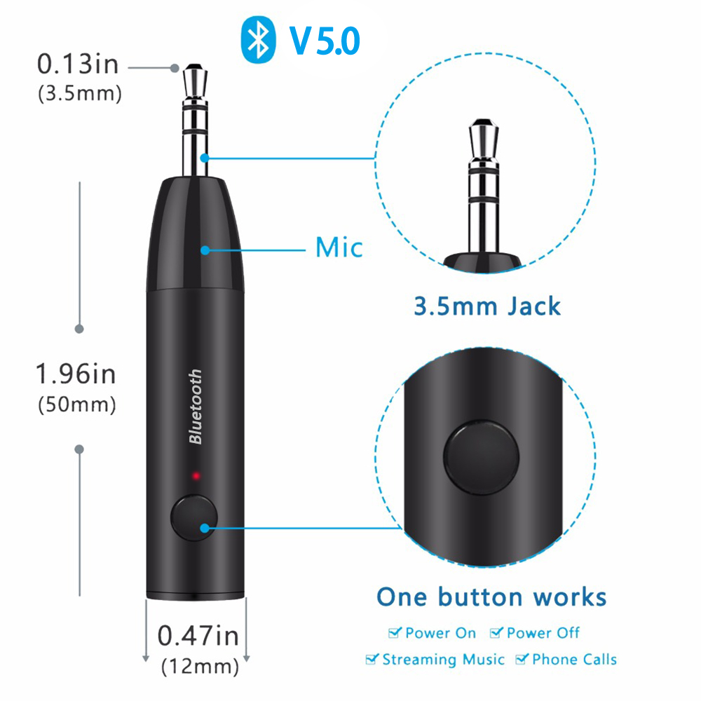 Bluetooth 5.0 Wireless Music Audio Receiver 3.5mm Jack Aux Receiver Adapter Stereo Handsfree Car Headphone A2 Music Receiver