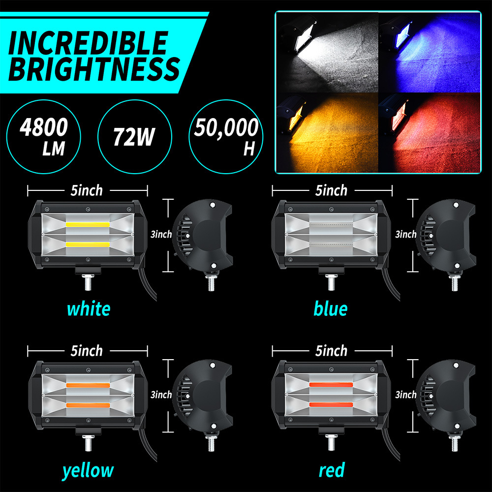 5" ATV LED Lights Offroad Led Work Light 72W 2-row COB Led Flood Beam Light Car Tractors Trucks Led Light Bar