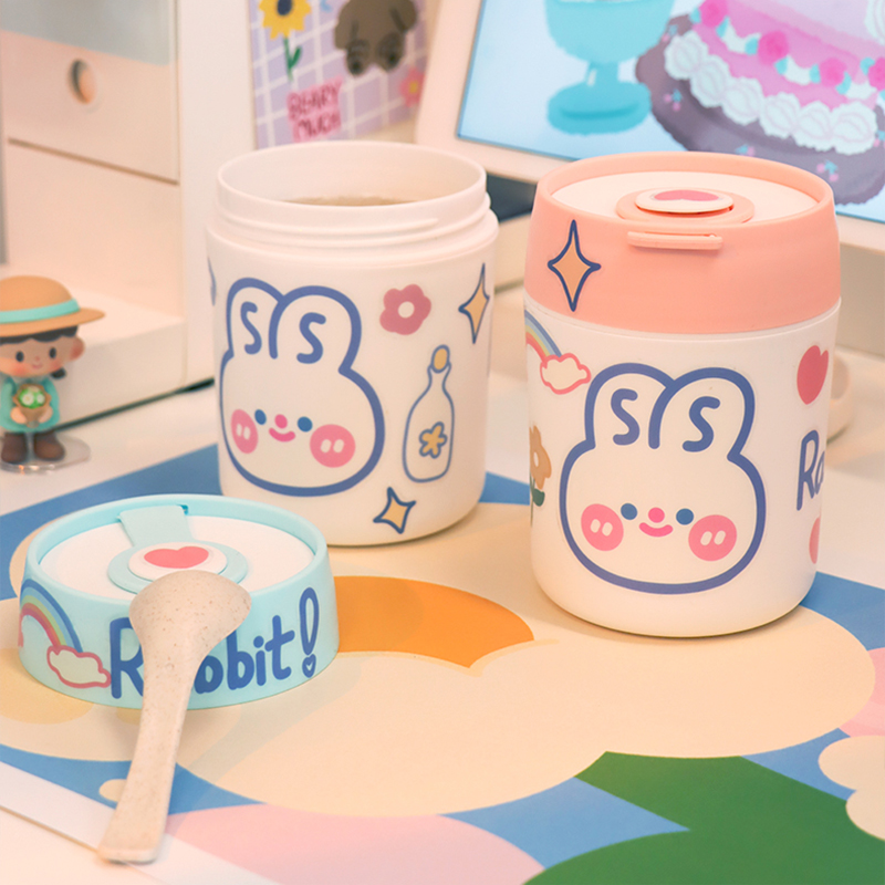 Lunch Box Student Stainless Steel Insulated Thermos Cup Female Portable Bento Box with DIY Sticker Kawaii Food Container Storage