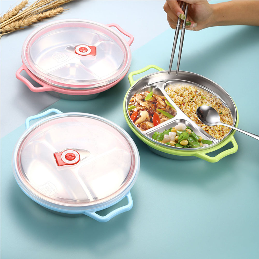 304 Stainless Steel Dinner Plate Lunch Box Canteen Student Work Rice Plate With Lid Children's Plate Bowl Tableware Bento Box