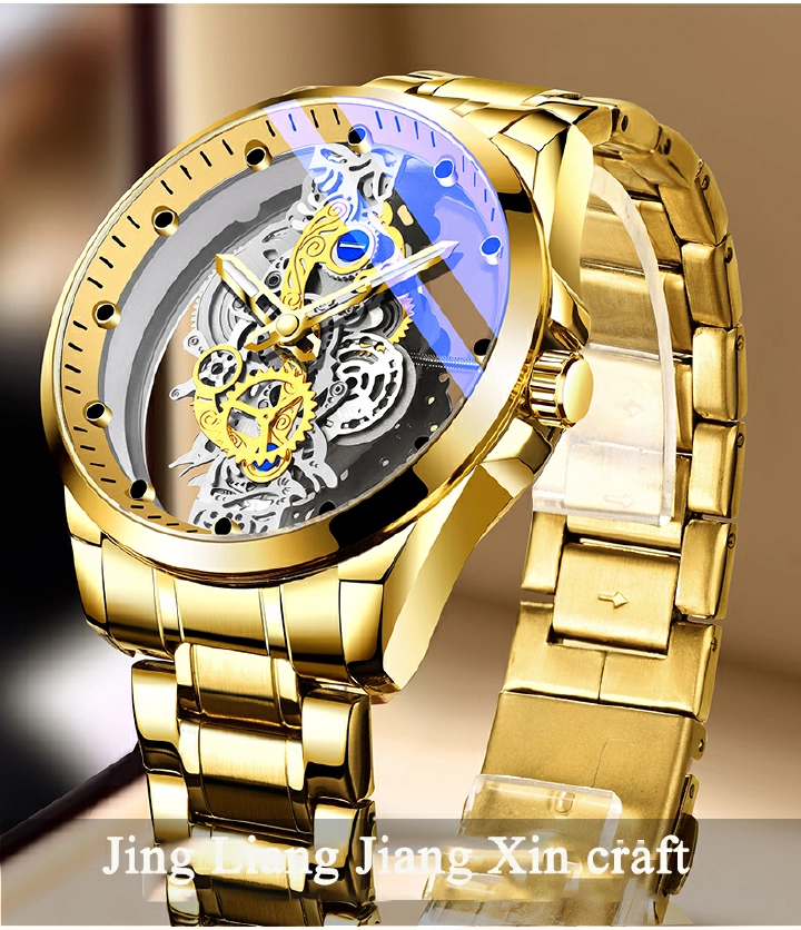 New Men Watch Skeleton Automatic quartz Watch Gold Skeleton Vintage Man Watch Mens Watches Top Brand Luxury часы мужские full gold Gift box