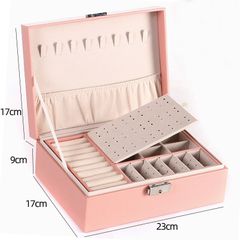 Two-Layer Leather Jewelry Box Organizer Earrings Rings Necklace Storage Case with Lock Women Girls Gift Pink as picture