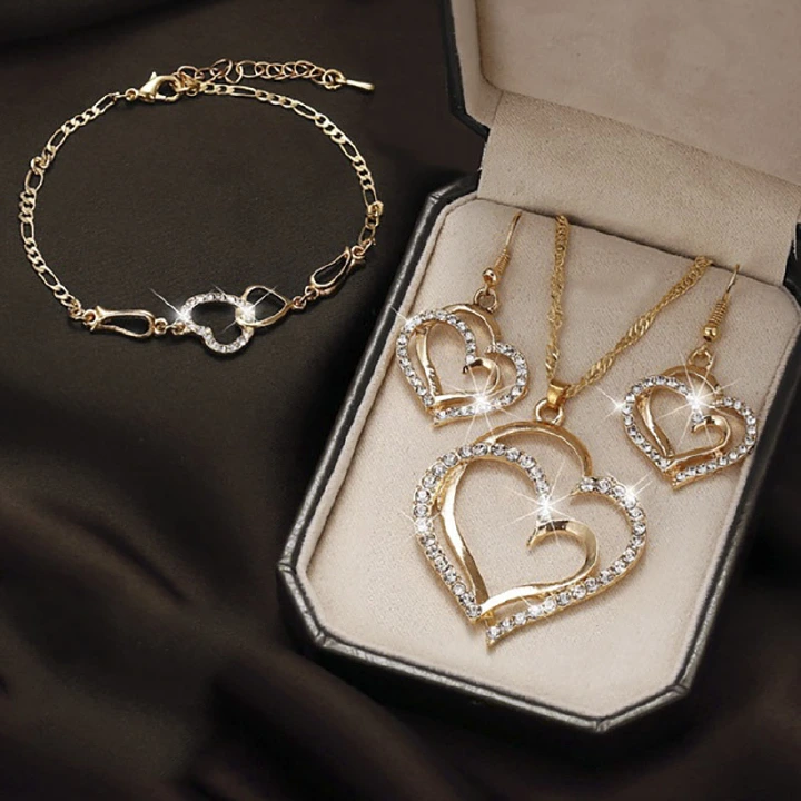 2022 Luxury Simple Big Small Hollow Double Heart-shaped Necklace Exquisite Crystal Zircon Pendant Chain Women's Wedding Jewelry