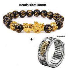 2pcs / lot Black Pixiu Bracelet Ring Set Feng Shui Buddhist Bead Bracelet Obsidian Bead Bracelet Men's Women's Wealth Good Luck Accessories as picture