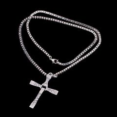 Fast and Furious Movies Actor Dominic Toretto Rhinestone Cross Crystal Pendant Chain Necklace Men Jewelry Silver