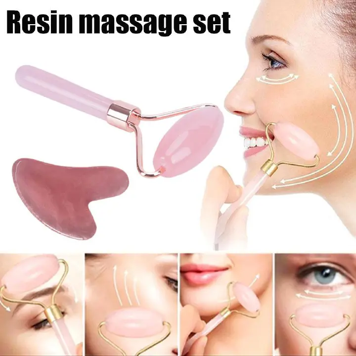 2PCS/Set Kamien Gua Sha For Face Massage Rose Resin Face Massage Roller Gua Sha Scraper Board Face  Skin Care